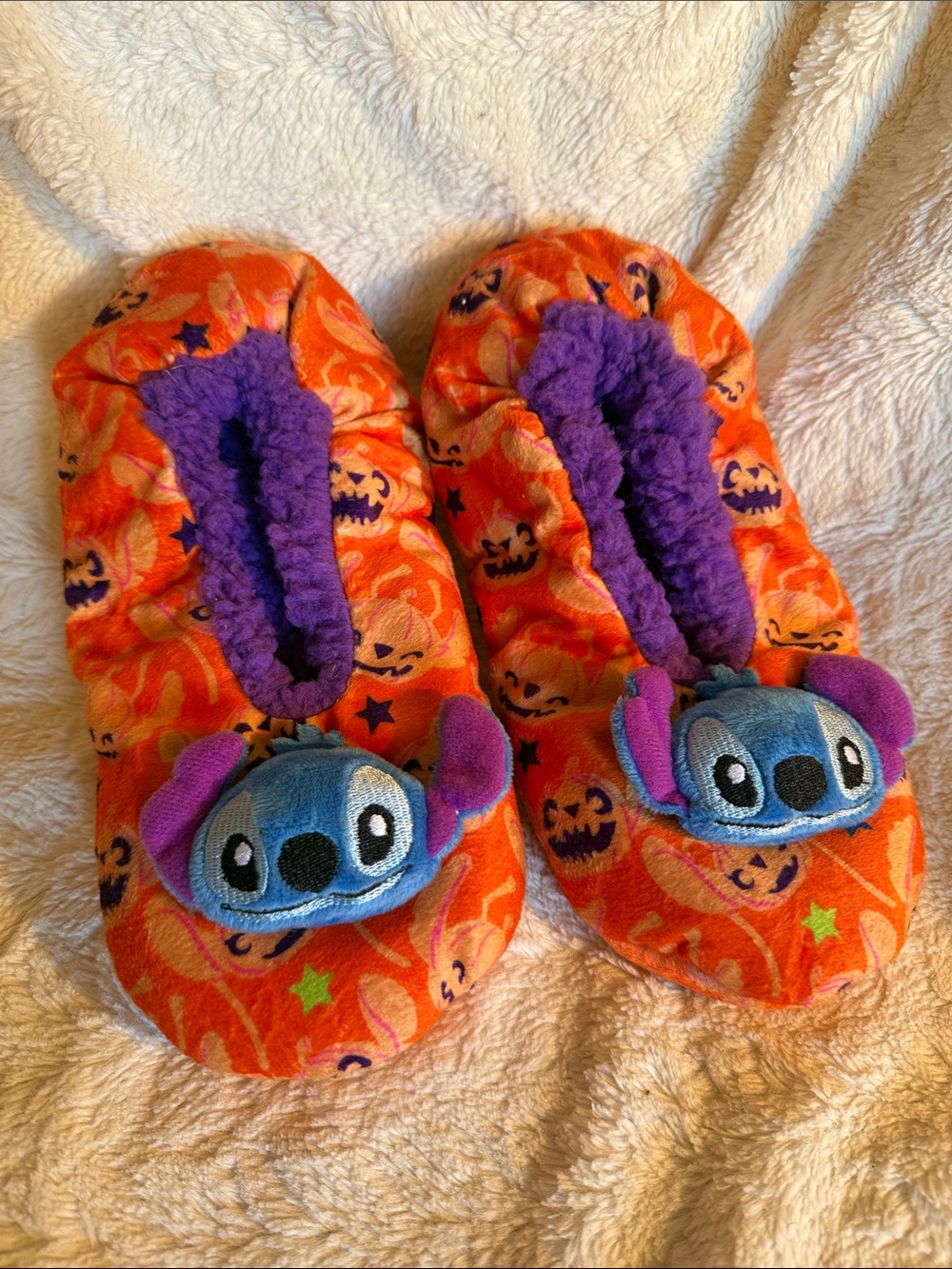 Disney Orange Plush Stitch Halloween Slipper Socks with Purple Trim